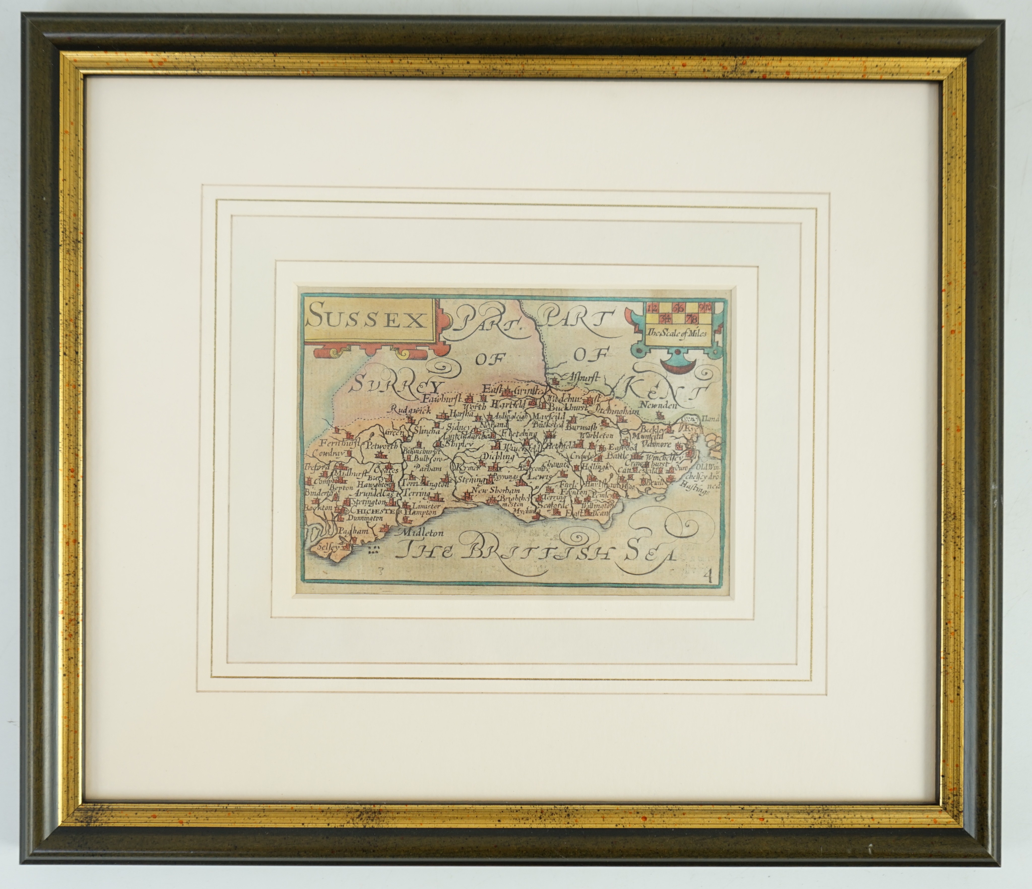 Pieter van den Keere (1571-1646), hand coloured engraving, Map of Sussex (after John Speed), published c.1627 by George Humble, 8.5 x 12.2cm, framed and glazed, Provenance: Jonathan Potter Maps Ltd